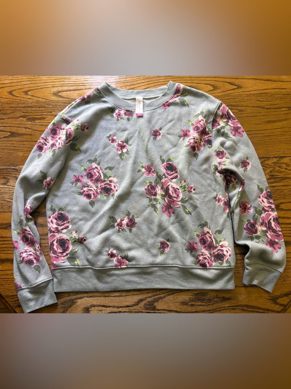 Floral Crewneck Sweater - Pink Roses on Light Gray
